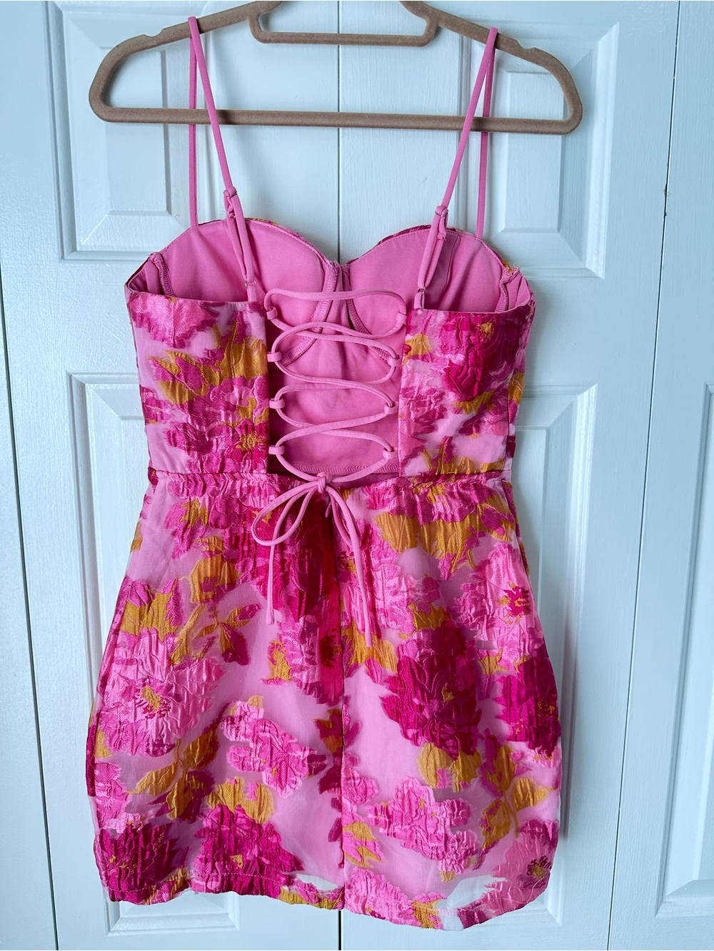 Lulus / B. Right Flirtatious Composure Pink Jacquard Lace-Up Bustier Mini Dress - Picture 5 of 13